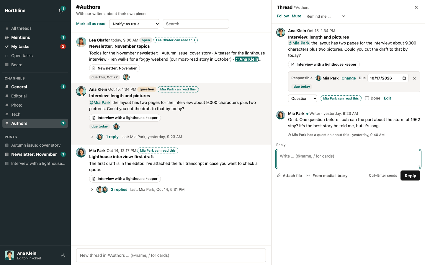 Flurfunk in full screen, with a task thread open next to the list