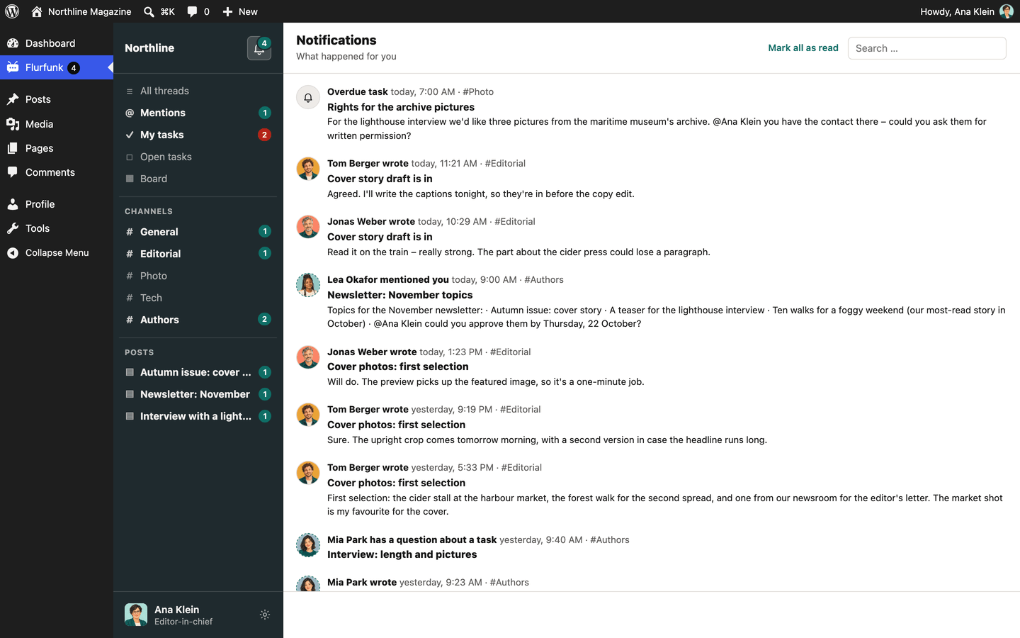 The notifications behind the bell: an overdue task, replies, a mention and a question
