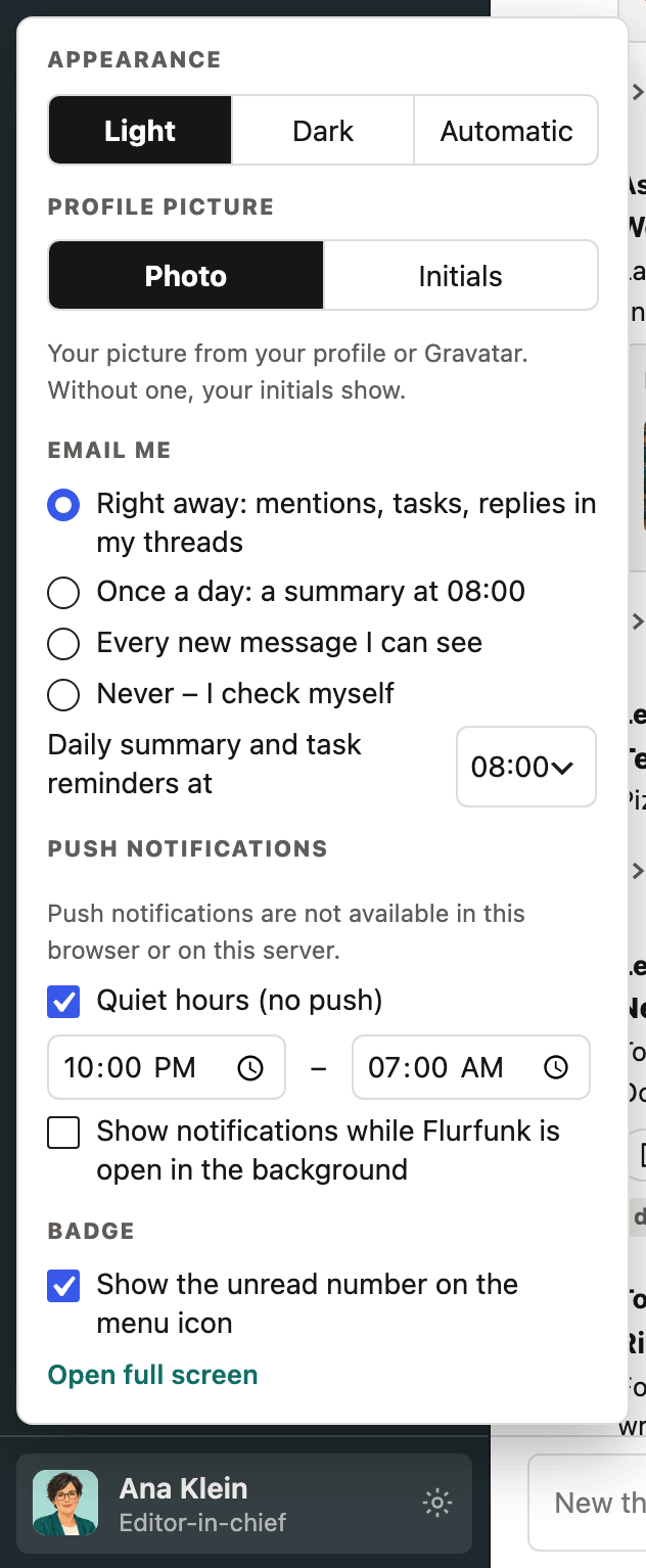 The settings, opened from your name at the bottom of the sidebar